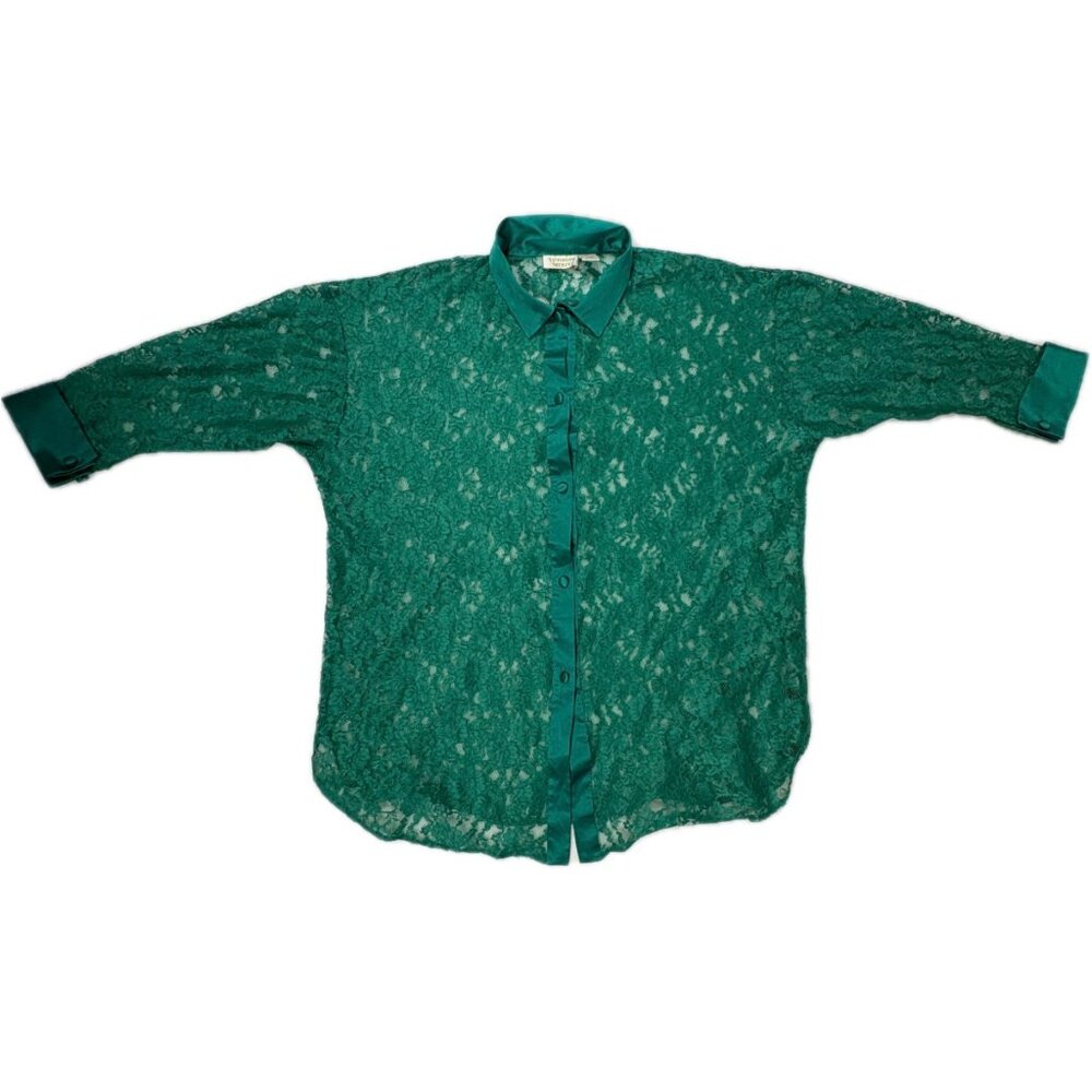 VICTORIA'S SECRET | Vtg GOLD Label Sheer Green Lace Sleep Shirt 80s 90s Sz M/L - Picture 4 of 16